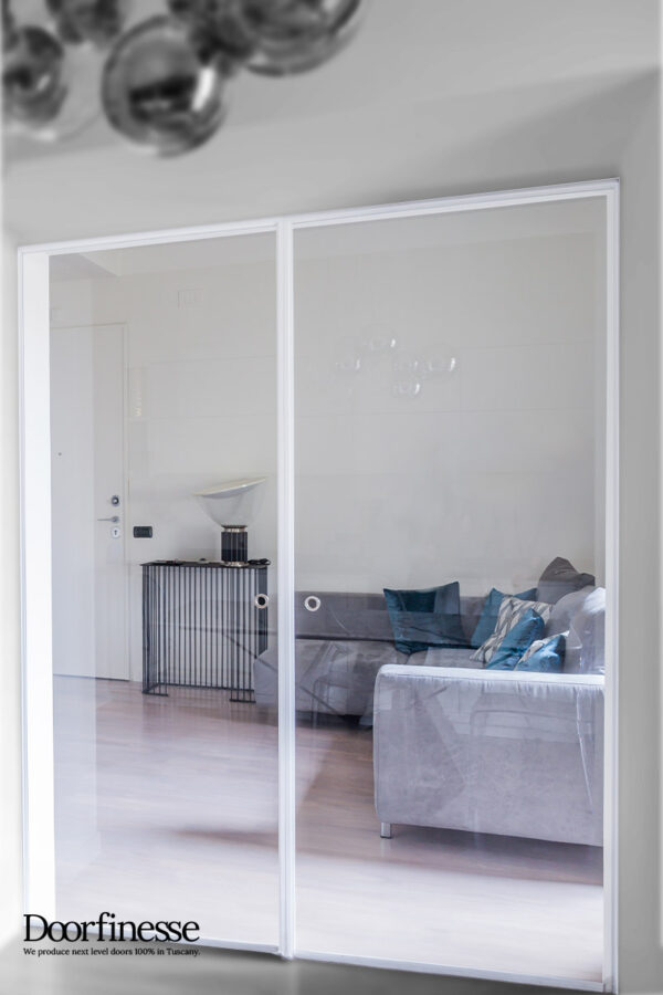 T-ES Design 16 Porta scorrevole interno muro, 2 ante, alluminio bianco, vetro trasparente